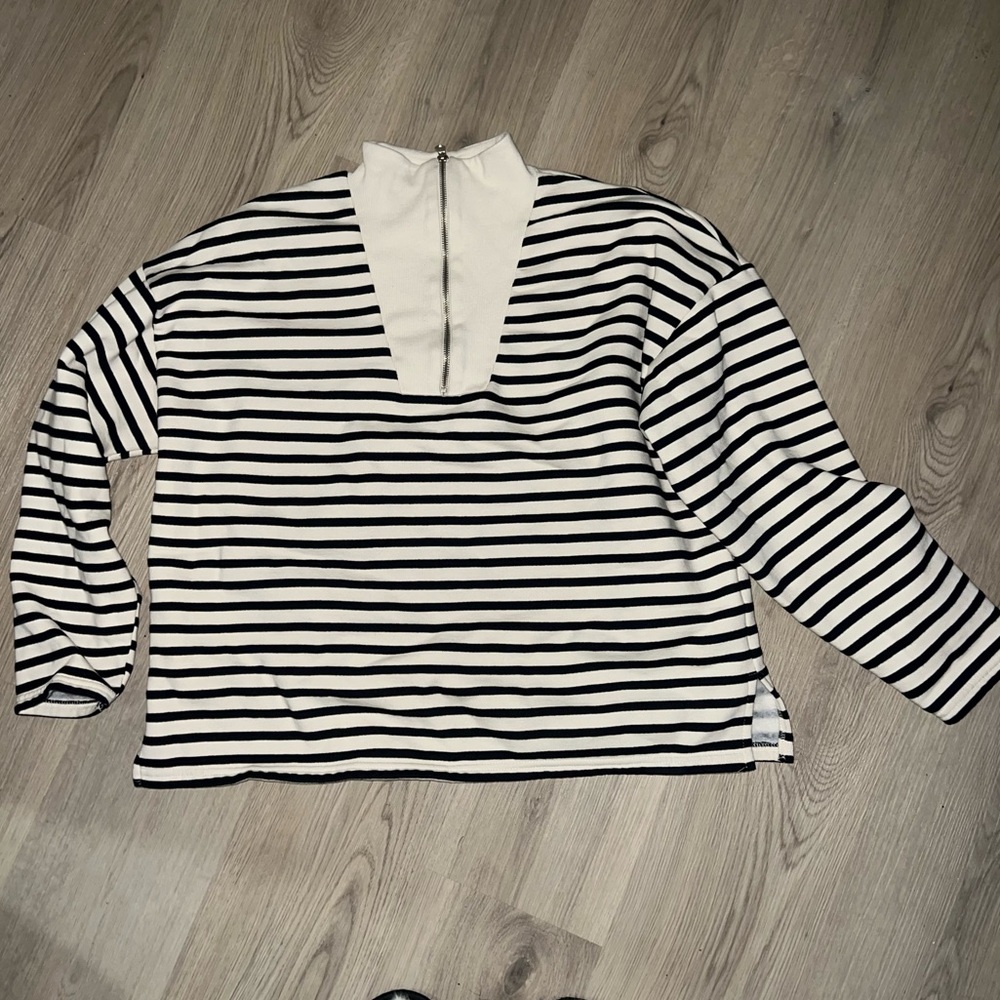 ZARA Striped Half-Zip Sweatshirt – Size L | Cotton Blend Pullover - Picture 9 of 15
